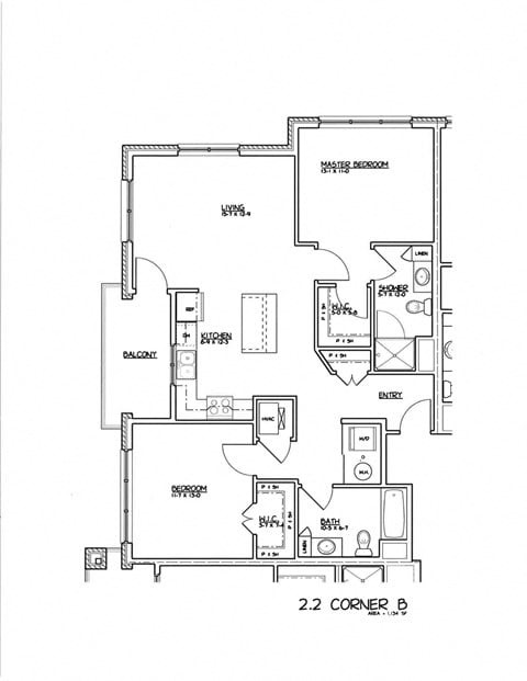 Floor plan for 2 beds, 2 baths, 1138 sqft